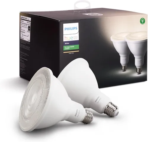 Philips Hue - Bombillas LED inteligentes blancas para exteriores PAR38 de 13 W, requiere hub, 2 bombillas LED PAR38 blancas, funciona con Alexa,