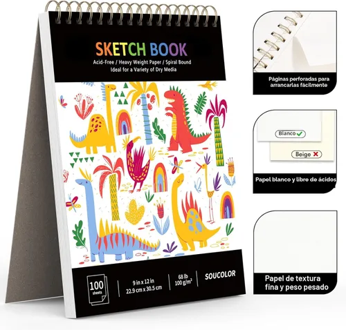 Miniatura 4 de Soucolor Cuaderno de bocetos de 9 x 12 pulgadas, 100 hojas de arte encuadernado en espiral, sin ácidos, libro de dibujo para niños, actividades