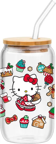 Miniatura 33 de Silver Buffalo Sanrio - Vaso de vidrio rosa con tapa de bambú y sorbete de vidrio de Hello Kitty, 16 onzas Hello Kitty Agitando