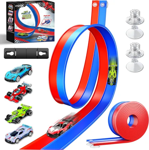 Pista de carreras de doble carril con ventosas, pista de carreras flexible portátil enrollable, ventosas fundidas a presión 1/64 para edades de 3
