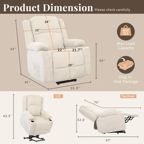 Miniatura 2 de Silla reclinable de elevación eléctrica de alta resistencia para ancianos, capacidad de 400 libras, masaje y sillón reclinable de calor, de pana