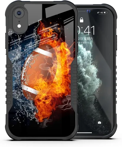 Funda compatible con iPhone XR para hombres y mujeres, diseño de fútbol americano en fuego, a prueba de golpes, antiarañazos, caídas, silicona