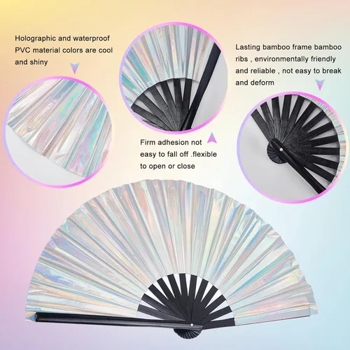 Miniatura 3 de 2 abanicos de mano plegables holográficos, grandes abanicos iridiscentes con varillas de bambú para hombres y mujeres, ventilador decorativo de mano
