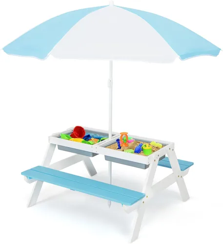 Costzon Mesa de Picnic para Niños con Contenedores Sensoriales, Mesa de Arena y Agua 4 en 1 con Sombrilla de Altura Ajustable, Superficie de Mesa