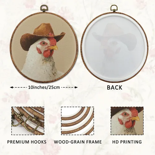 Miniatura 6 de DOFQZ Decoración de pared redonda de pollo occidental, arte de pared enmarcado del suroeste de campo, lienzo retro de pollo vaquero para colgar