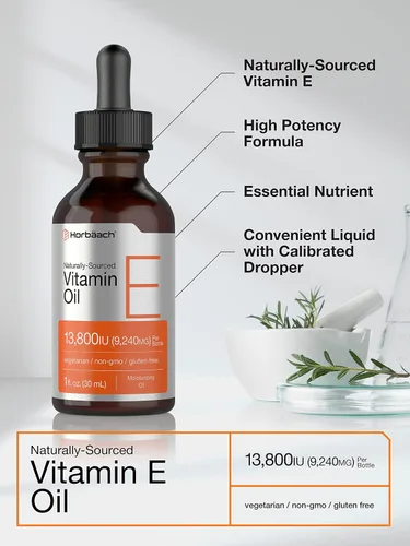 Miniatura 3 de Horbäach Aceite de vitamina E 13,800 UI 1 oz para cara y piel Suplemento líquido de origen natural Fórmula vegetariana, sin OMG y sin