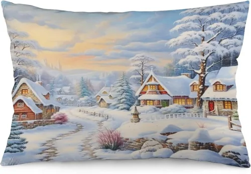 Miniatura 32 de Funda de almohada con escena de pueblo navideño con niños, fundas de almohada de 12 x 20 pulgadas, almohadas decorativas de Navidad para sofá, funda