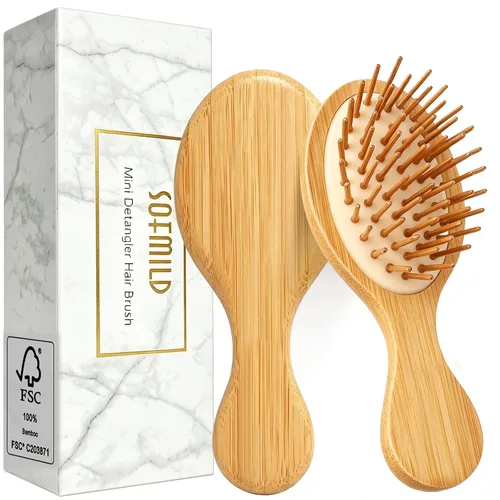 Sofmild Mini cepillo desenredante para cabello rizado y húmedo para mujeres/niños, pequeño y compacto, tamaño de viaje, cepillo de bambú para bolso,