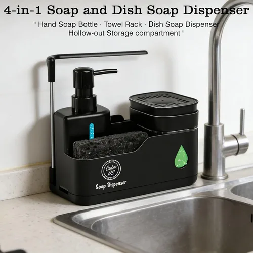 Miniatura 4 de Juego de dispensador de jabón para manos y platos de cocina (negro) – Botellas de doble bomba con soporte para esponja, soporte para cepillo, barra