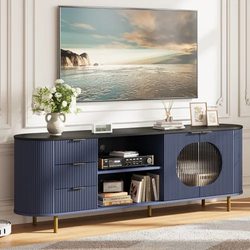 Soporte de TV curvado de 69 pulgadas con puertas acrílicas onduladas y gran almacenamiento, consola multimedia moderna para televisores de hasta 80