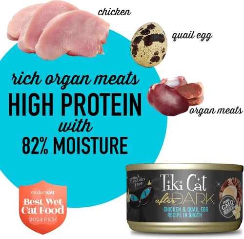 Miniatura 5 de Tiki Cat After Dark, huevo de pollo y codorniz, alto contenido en proteínas y 100% ingredientes no transgénicos, alimento húmedo para gatos adultos