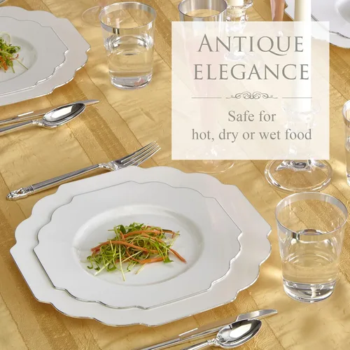 Miniatura 4 de SILVER SPOONS Platos desechables de diseño elegante para fiesta (10 piezas) Juego de cena desechable resistente de 10.75 pulgadas, platos de Blanco