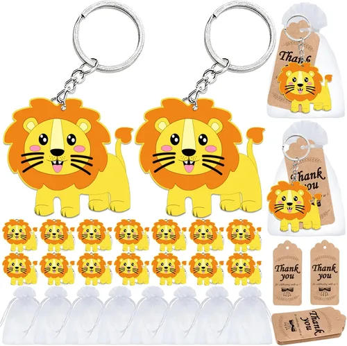 El paquete de 60 regalos de fiesta de león incluye 20 llaveros de león, 20 etiquetas de agradecimiento, 20 bolsas de regalo para fiesta de safari,
