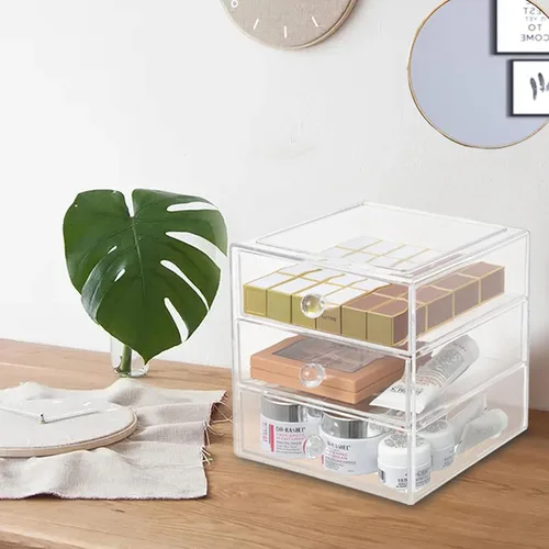 Miniatura 8 de AJIODA Caja organizadora de cajones de maquillaje con 3 cajones, vitrina de acrílico para cosméticos, organizador de tocador, caja de almacenamiento