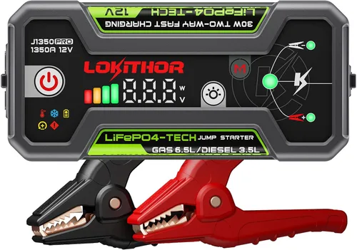 LOKITHOR J1350 PRO Arrancador con ConnectMax, caja de arranque de 1350 amperios LiFePO4 para motores de 6.5L de gasolina y 3.5L diésel, arrancador