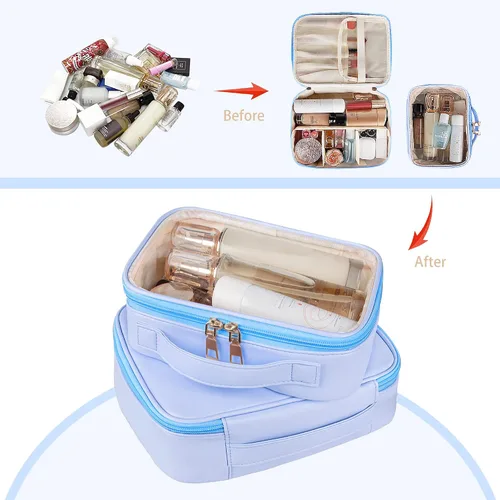 Miniatura 4 de Bolsa de maquillaje, 2 bolsas de cosméticos de piel sintética, estuche de maquillaje portátil de viaje, organizador de maquillaje grande con bolsa