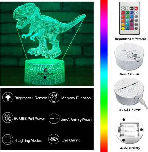 Miniatura 6 de easuntec Juguetes de dinosaurio con luz nocturna 3D con control remoto y táctil inteligente, 7 colores + 16 colores cambiantes TRex juguetes