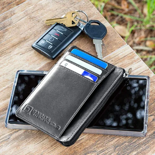 Miniatura 4 de ID STRONGHOLD - Cartera con bolsillo frontal RFID, mini, minimalista, delgada, de piel auténtica con cremallera, Negro