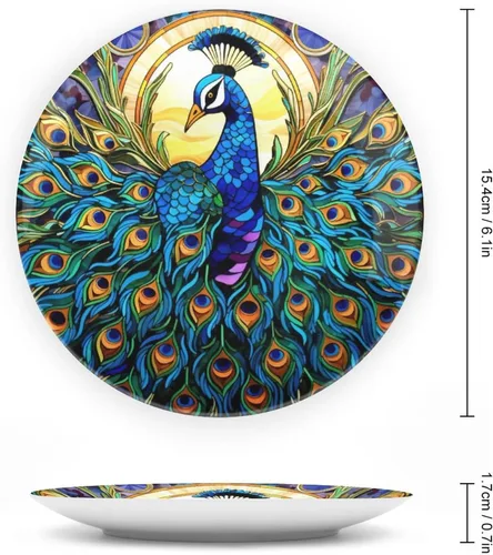Miniatura 2 de Platos decorativos bohemios de pavo real con estampado de vitrales, platos de cerámica para decoración del hogar, exhibición de platos llanos