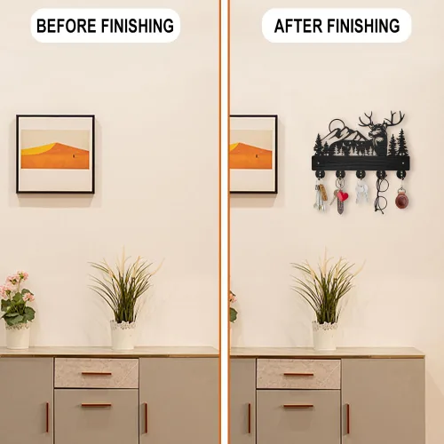 Miniatura 8 de MAYJOYDIY Perchero de pared de madera con 5 ganchos, diseño de ciervo de bosque negro, soporte para llaves y organizador para entrada, pasillo, sala