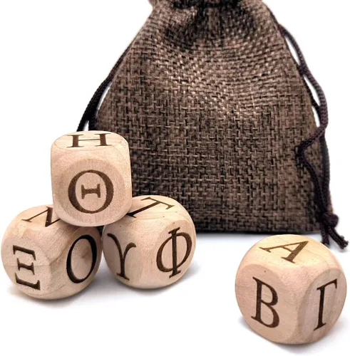 Juego de dados de madera del alfabeto griego, 24 letras griegas talladas, cubos rodantes para juegos de fiesta de enseñanza (mayúscula, 4 Capital