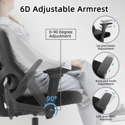 Miniatura 5 de Silla ergonómica de oficina reclinable para juegos, soporte lumbar ajustable, reposabrazos 6D, reposacabezas de malla transpirable, giratorias, Negro