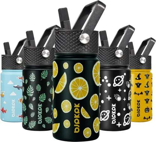 Miniatura 90 de BJPKPK Botella de agua aislada con tapa con pajilla, bonitas botellas de agua de 15 onzas, termo de metal de acero inoxidable, vasos reutilizables