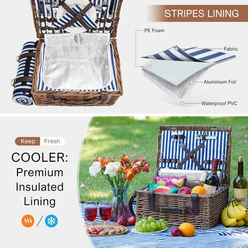 Miniatura 4 de Cesta de picnic para 2 personas – Cestas con enfriador y manta de picnic, cesta de picnic clásica de mimbre con alfombrilla de playa impermeable y a
