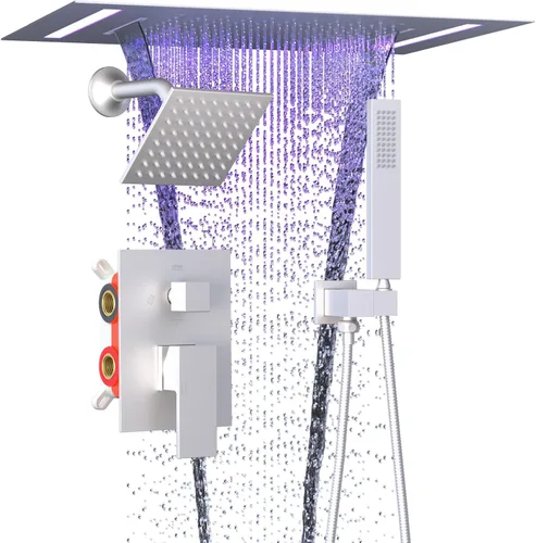 Miniatura 15 de ENGA Sistema de cabezal de ducha de lluvia doble, 2 en 1 funciones de montaje en techo, cabezal de ducha LED de 14 x 20 pulgadas con cabezal de Oro
