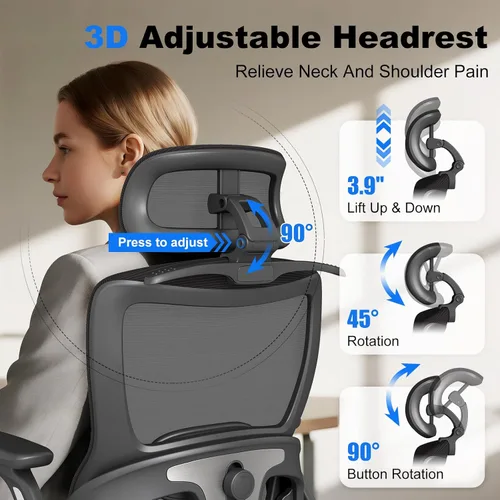 Miniatura 5 de Silla de oficina ergonómica, silla de escritorio con respaldo alto con brazos abatibles, reposacabezas, soporte lumbar ajustable, bloqueo