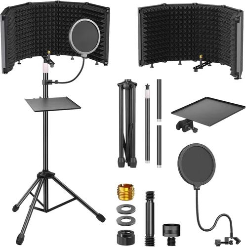 Miniatura 9 de Escudo de aislamiento de micrófono de grabación de estudio con filtro pop y kit de tres soportes, grabación de música, micrófonos de condensador USB