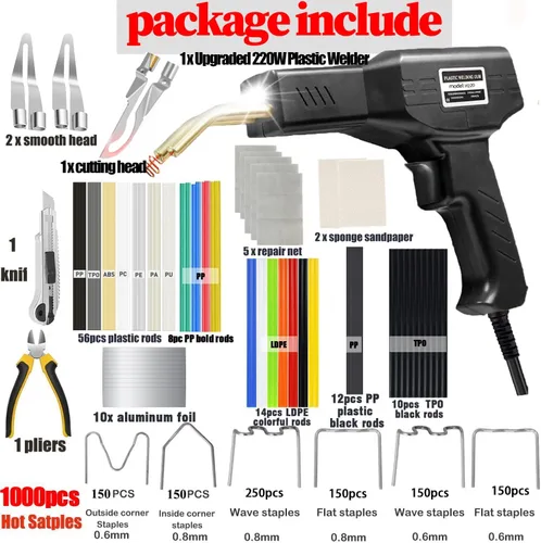 Miniatura 2 de Soldador de Plástico Mejorado de 220W, Kit de Soldador de Reparación de Soldadura de Plástico 2 en 1, 1000 PCS Pistola de Soldadura de Grapadora