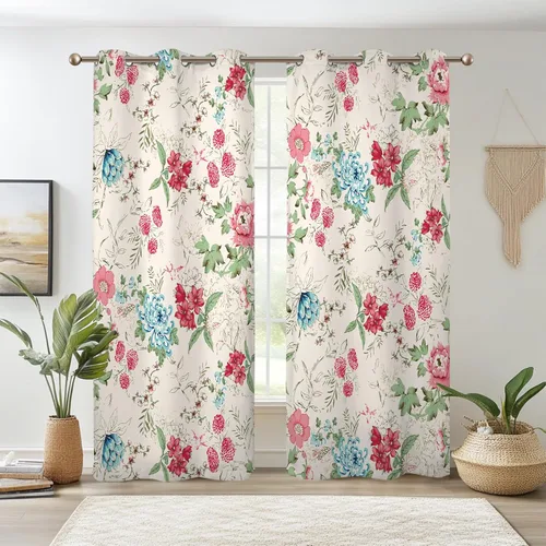 Miniatura 23 de Renaiss - Cortinas opacas florales boho, cortinas de ventana con aislamiento térmico y estampado de flores y plantas bohemias para dormitorio