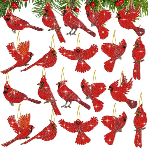 Skylety Juego de 20 adornos de diamante de pájaro cardenal para adultos, 5D, etiquetas de envoltura de regalo con cuerda, adornos colgantes de