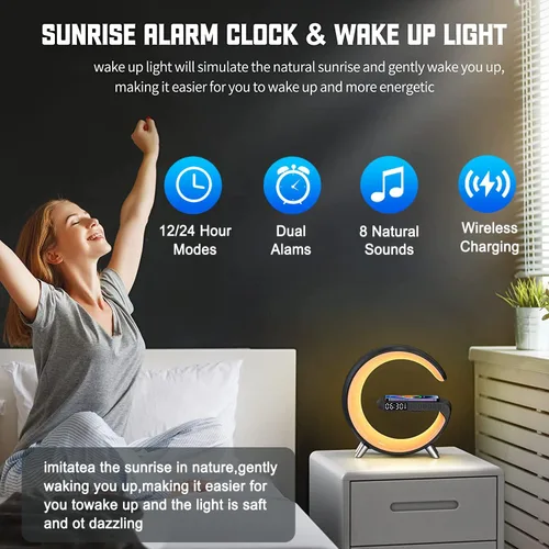 Miniatura 3 de Lámpara de mesa LED inteligente, cargador inalámbrico 4 en 1, luz nocturna, reloj despertador, altavoz Bluetooth con control de aplicación, lámpara