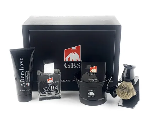 G.B.S Juego de afeitado húmedo para hombre, caja de regalo, taza de afeitado de cerámica negra con mango de perilla, cepillo de afeitar, soporte y 6