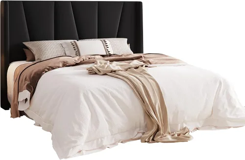 Miniatura 8 de Allewie Marco de Cama de Plataforma de Terciopelo Tamaño Queen con Cabecera Wingback Geométrica, Cama Tapizada Boho con Soporte de Listones de Negro