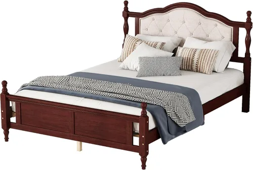 Miniatura 5 de Flieks Cama de plataforma tamaño Queen, cama de madera de pino con cabecero y estribo tapizados, con dos pies de soporte de riel de cama y pies