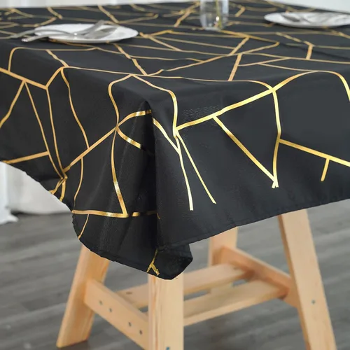 Miniatura 3 de Mesa cuadrada de poliéster de 54 x 54 pulgadas, color negro con diseño geométrico metálico dorado