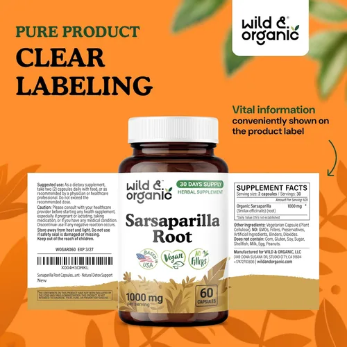 Miniatura 7 de Wild & Organic Cápsulas de raíz de zarzaparrilla, apoyo para la piel y la desintoxicación, suplemento de raíz de zarzaparrilla de 1000 mg, 30 días