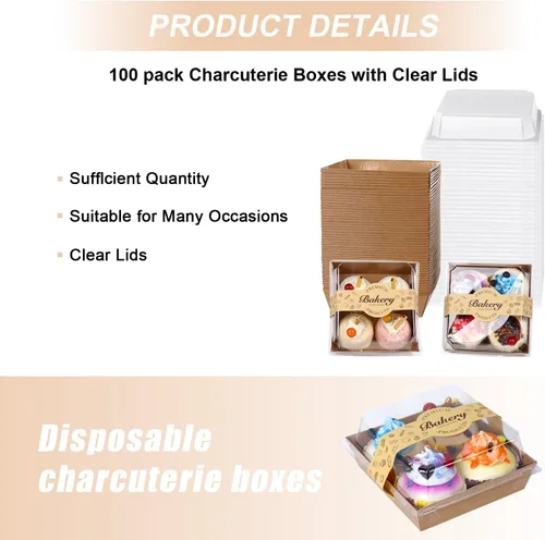 Miniatura 5 de Paquete de 100 Cajas de Charcutería con Tapas Transparentes y Seguras, 5.3x4.9x2.5 Pulgadas, Cajas Desechables Cuadradas Marrone para Sándwiches