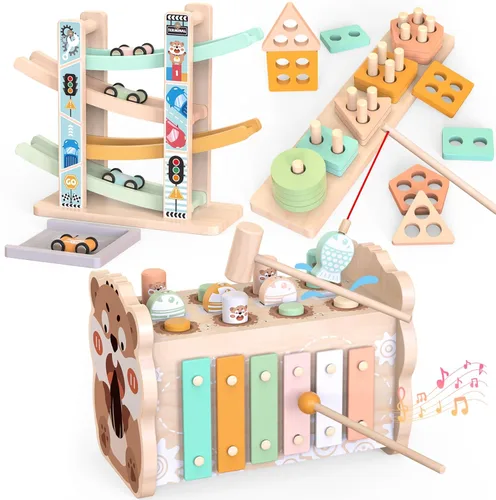 Juguetes de madera Montessori para niños pequeños de 1 a 3 años, juguete de martillado y golpeo para bebés con xilófono y juego de pesca, pista de