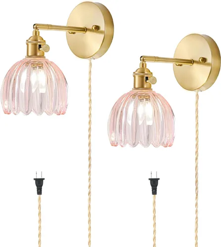 Miniatura 40 de Juego de 2 apliques de pared enchufables, apliques de pared vintage con pantalla de cristal transparente de tulipán, aplique de pared