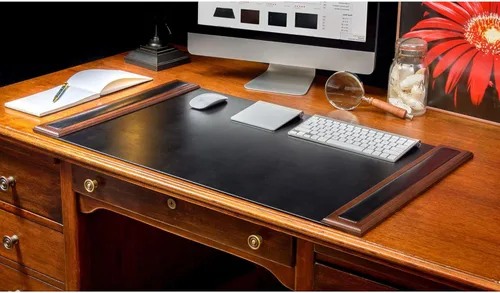 Miniatura 2 de DACASSO Almohadilla de escritorio de madera y cuero con rieles laterales, protector de escritorio de cuero de lujo para escribir, protector nogal