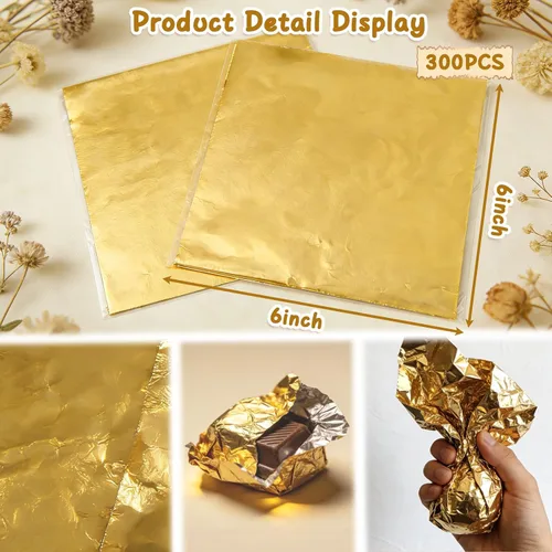 Miniatura 2 de Wowagoga 300 envoltorios de caramelo de papel de aluminio dorado de 6 x 6 pulgadas, envoltorios de papel de chocolate para dulces caseros