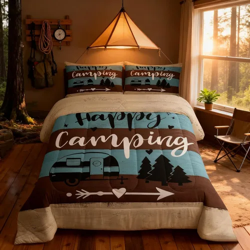 Miniatura 53 de Juego de Edredón para Acampar Feliz para Niños Tamaño Individual, Juego de Ropa de Cama Rústica de Aventura de Granja y Cabaña, Decoración