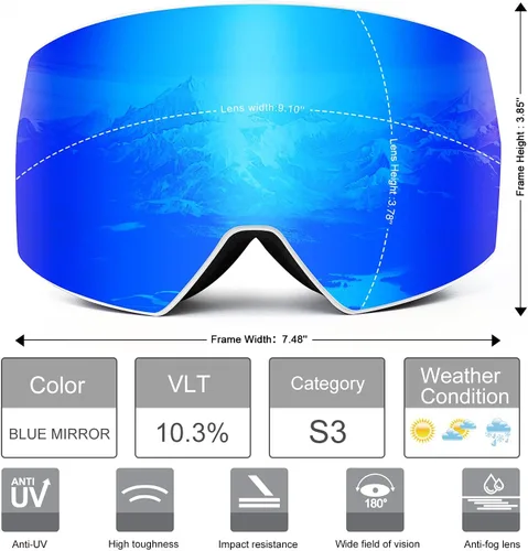 Miniatura 3 de FMY - Gafas de esquí para hombres, mujeres y jóvenes - Gafas de snowboard y esquí con protección antivaho UV400 para adultos Marco azul hielo