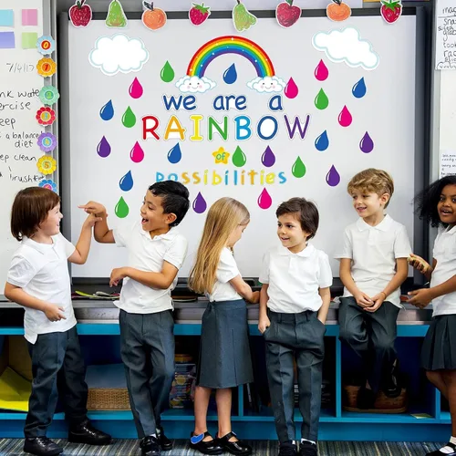 Miniatura 6 de Recortes motivacionales de tablón de anuncios de arcoíris, decoración inspiradora de aula con texto en inglés «We are a Rainbow of Posibilitys»