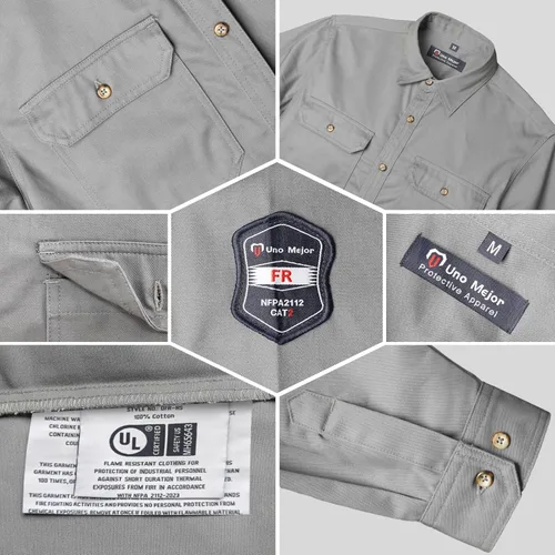 Miniatura 4 de FR Shirts - Camisa de soldadura resistente a las llamas de 7.5 onzas, ropa ignífuga 100% C FR para hombres, chaqueta ignífuga para hombres para Gris