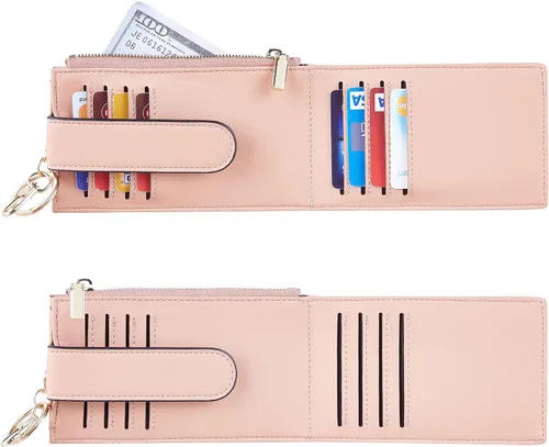 Miniatura 4 de Chelmon Billetera delgada para mujer, con bloqueo RFID, plegable, con bolsillo con cremallera, Rosa con llavero, Minimalista